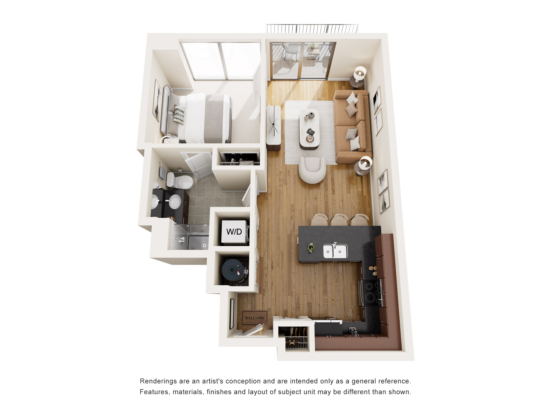 Floor plan for 1 bed, 1 bath, 678 sqft